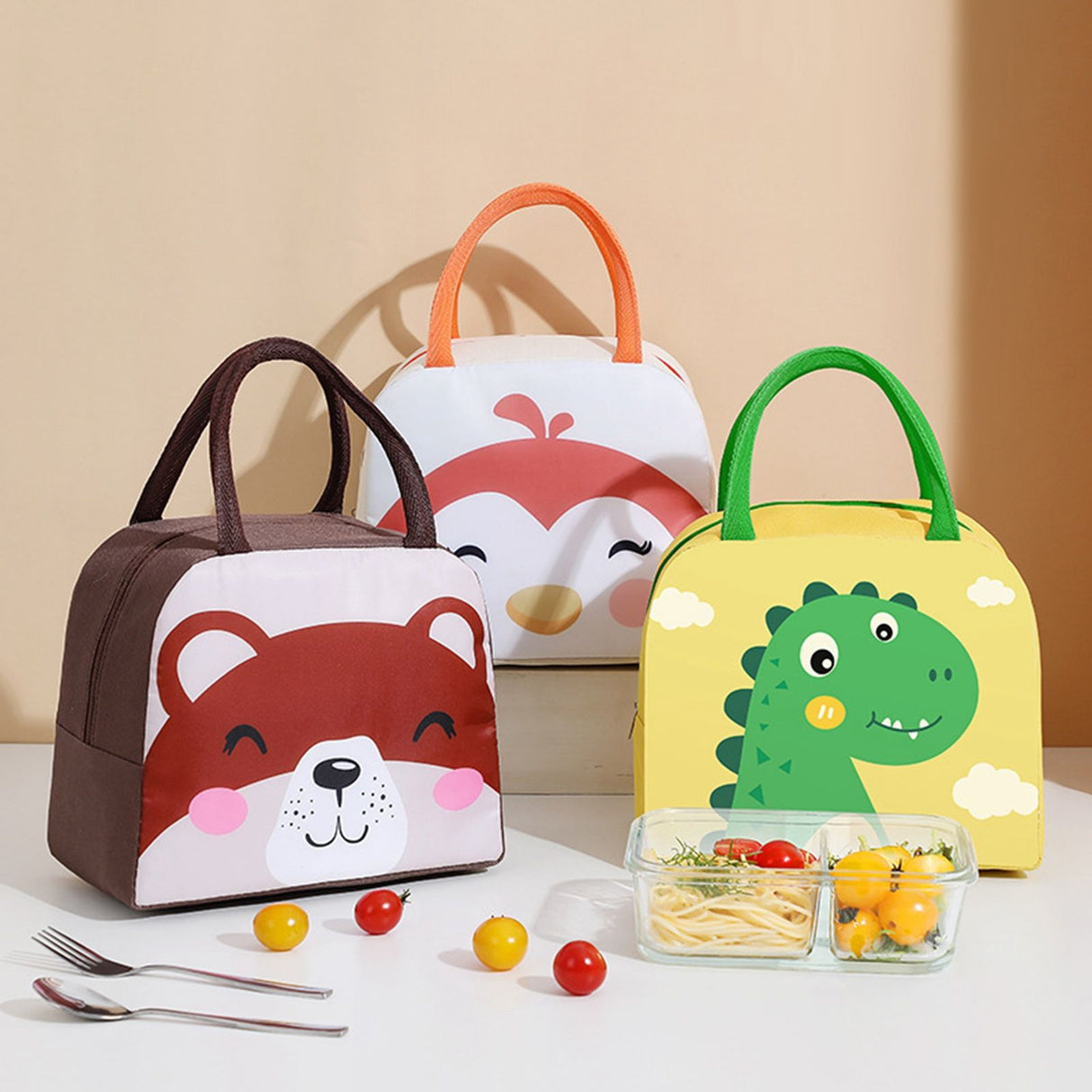 Thermal Bag Cartoon Large Capacity Heat Preservation Cute Lunch Bag for Children Green Dinosaur