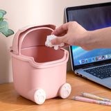 Desktop Trash Can Plastic Mini Lovely Living Room Dining Table Wastebasket with Lid for Home Pink Little Elk - 45-Degree Angle