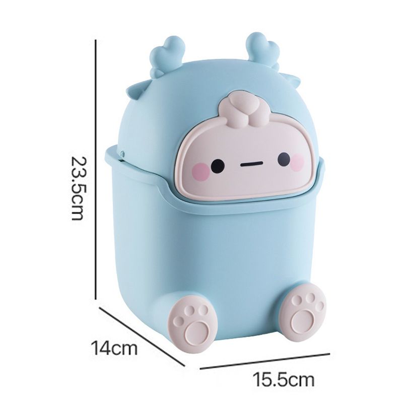 Desktop Trash Can Plastic Mini Lovely Living Room Dining Table Wastebasket with Lid for Home Light Blue Little Elk