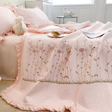 Cotton Quilt Pure Color Home Fashion Elegant Tencel Embroidery Pattern Cotton Summer Cooling Quilt Pink 1 X Sheet 245x250cm - Top-Down View