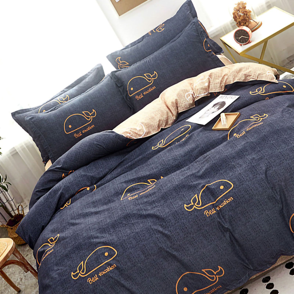 Skin Friendly Quilt Cover Thickened Polyester Soft Brushed Duvet Cover Quilt Bedding for Dormitory Bedroom Whale 150x200cm