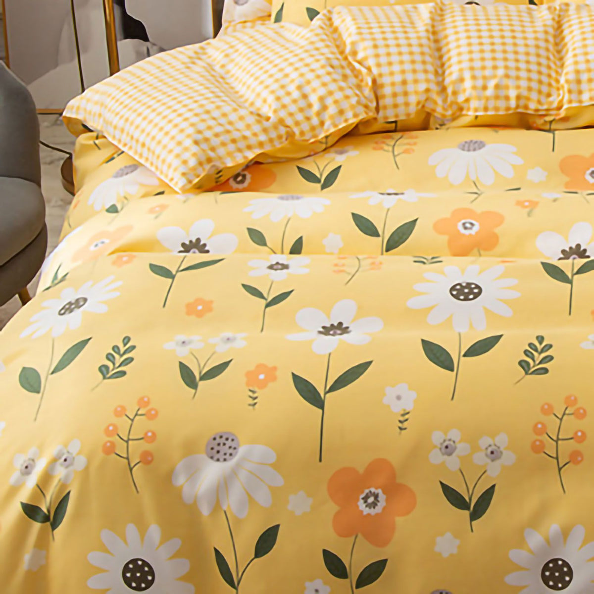 Skin Friendly Quilt Cover Thickened Polyester Soft Brushed Duvet Cover Quilt Bedding for Dormitory Bedroom Yellow Flowers 180x220cm