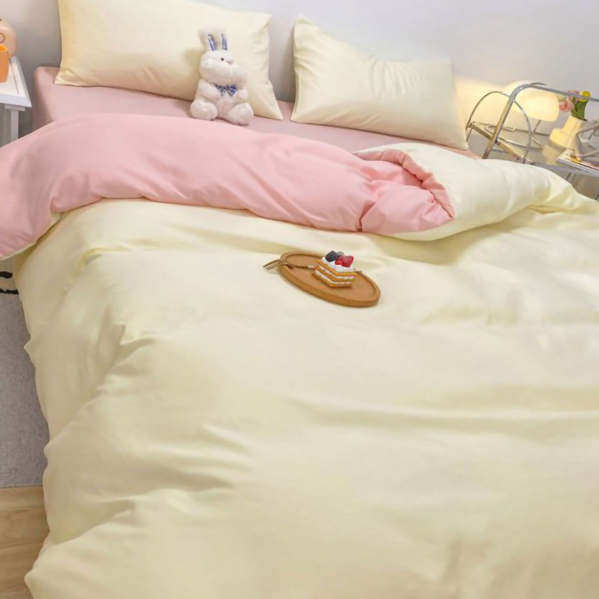 Solid Color Sheet Quilt Cover Pillow Cover Warm Breathable Washed Cotton Bed Sheet Set Creamy Pink 1.5m Four Piece Set