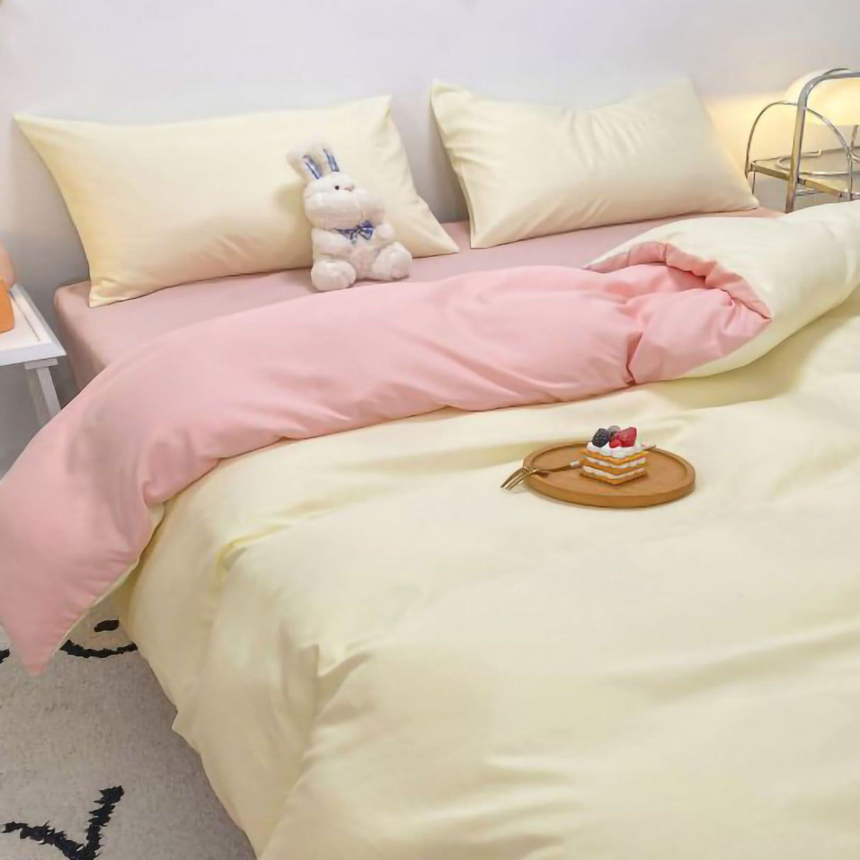 Solid Color Sheet Quilt Cover Pillow Cover Warm Breathable Washed Cotton Bed Sheet Set Creamy Pink 1.5m Four Piece Set