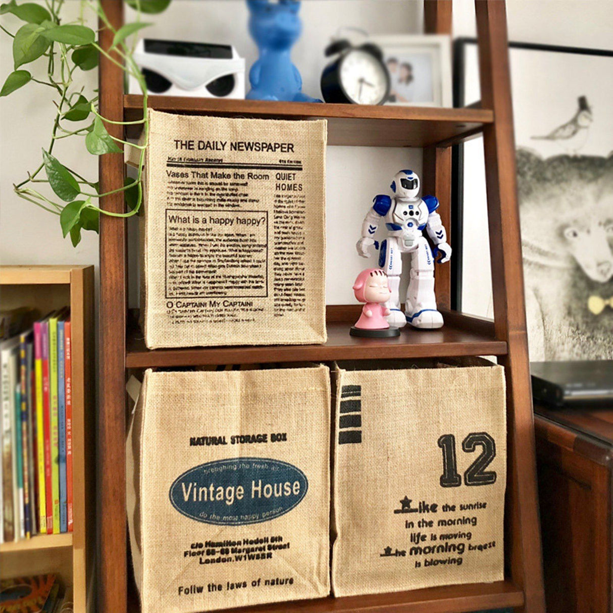 Jute Storage Box Foldable Waterproof Film Easy Cleaning Mild Texture Storage Basket for Home Office TDN Pattern