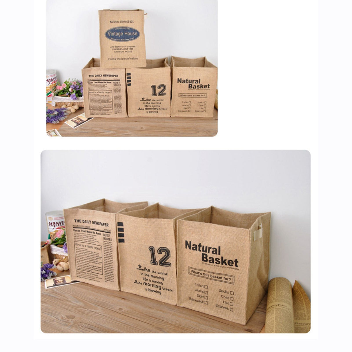 Jute Storage Box Foldable Waterproof Film Easy Cleaning Mild Texture Storage Basket for Home Office TDN Pattern