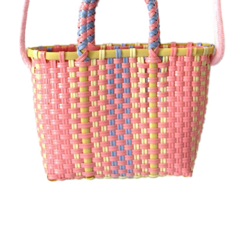 Woven Bag Colorful Plastic Strip Handle Small Cute Fashionable Square Bag for Summer Beach Light Pink