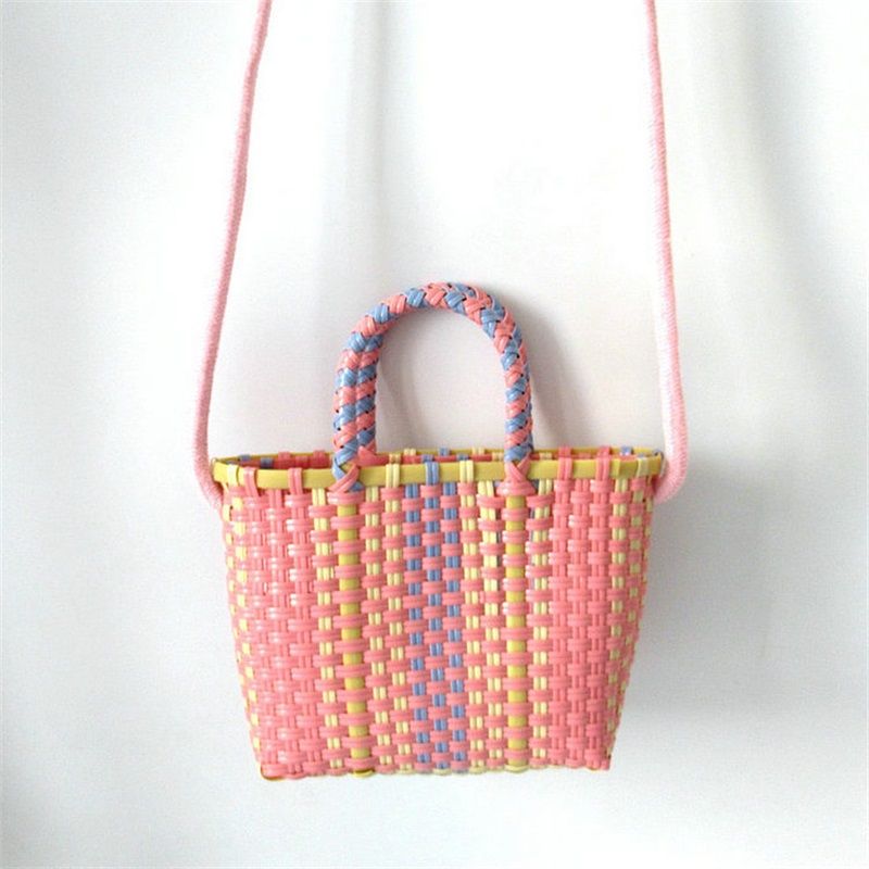 Woven Bag Colorful Plastic Strip Handle Small Cute Fashionable Square Bag for Summer Beach Light Pink