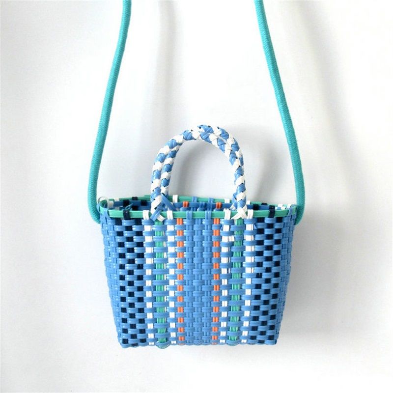 Woven Bag Colorful Plastic Strip Handle Small Cute Fashionable Square Bag for Summer Beach Sky Blue
