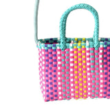 Woven Bag Colorful Plastic Strip Handle Small Cute Fashionable Square Bag for Summer Beach Green And Rose Red - Front View