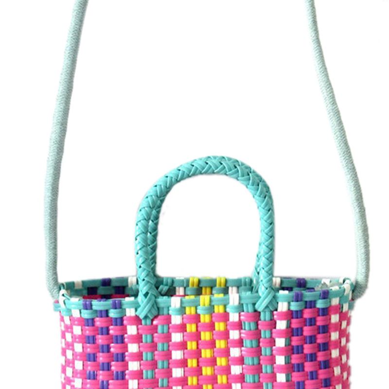 Woven Bag Colorful Plastic Strip Handle Small Cute Fashionable Square Bag for Summer Beach Green And Rose Red