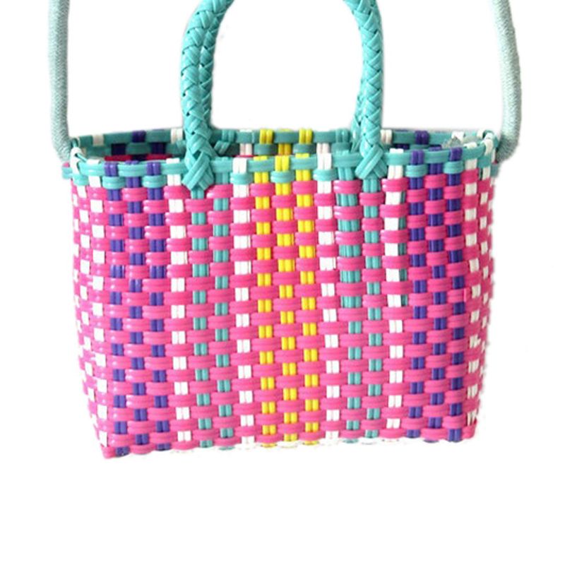Woven Bag Colorful Plastic Strip Handle Small Cute Fashionable Square Bag for Summer Beach Green And Rose Red