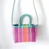 Woven Bag Colorful Plastic Strip Handle Small Cute Fashionable Square Bag for Summer Beach Green And Rose Red - 45-Degree Angle