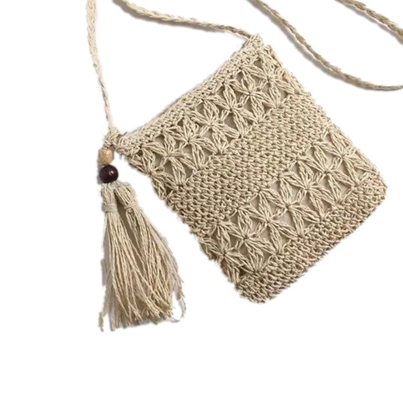 Straw Satchel Weave Bag Hand Knitting Square Shape Tassels Woven Bag for Beach Dating Beige