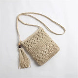 Straw Satchel Weave Bag Hand Knitting Square Shape Tassels Woven Bag for Beach Dating Beige