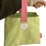 Bento Bag Heart Letter Embroidery Pattern Inner Pocket Storage Button Canvas Material Portable Lunch Box Bag Green