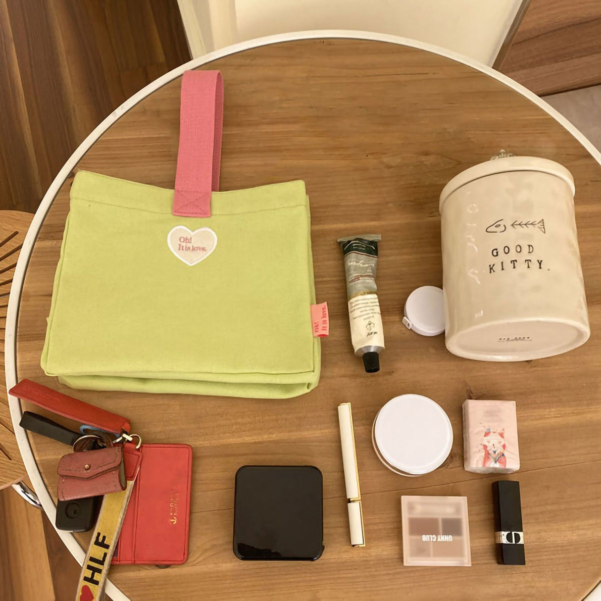 Bento Bag Heart Letter Embroidery Pattern Inner Pocket Storage Button Canvas Material Portable Lunch Box Bag Green