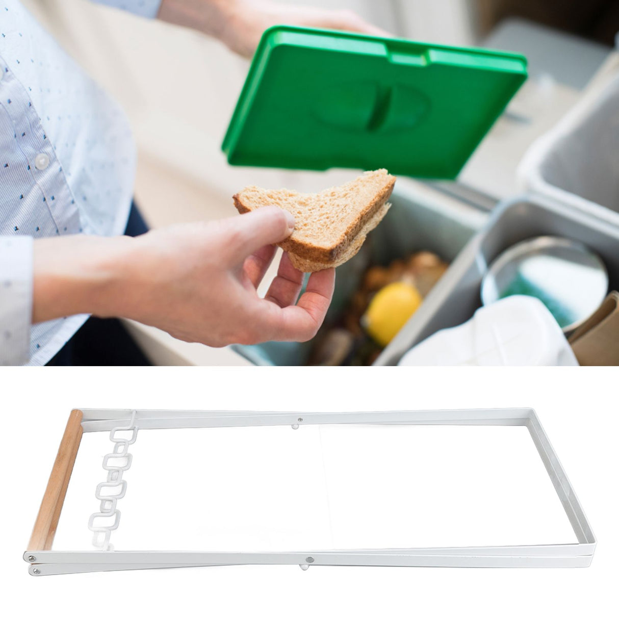Trash Bag Holder Stand Rubber Wood Handle Iron Stand Flat Appearance Foldable Portable Garbage Bag Stand for Indoor Outdoor Use White