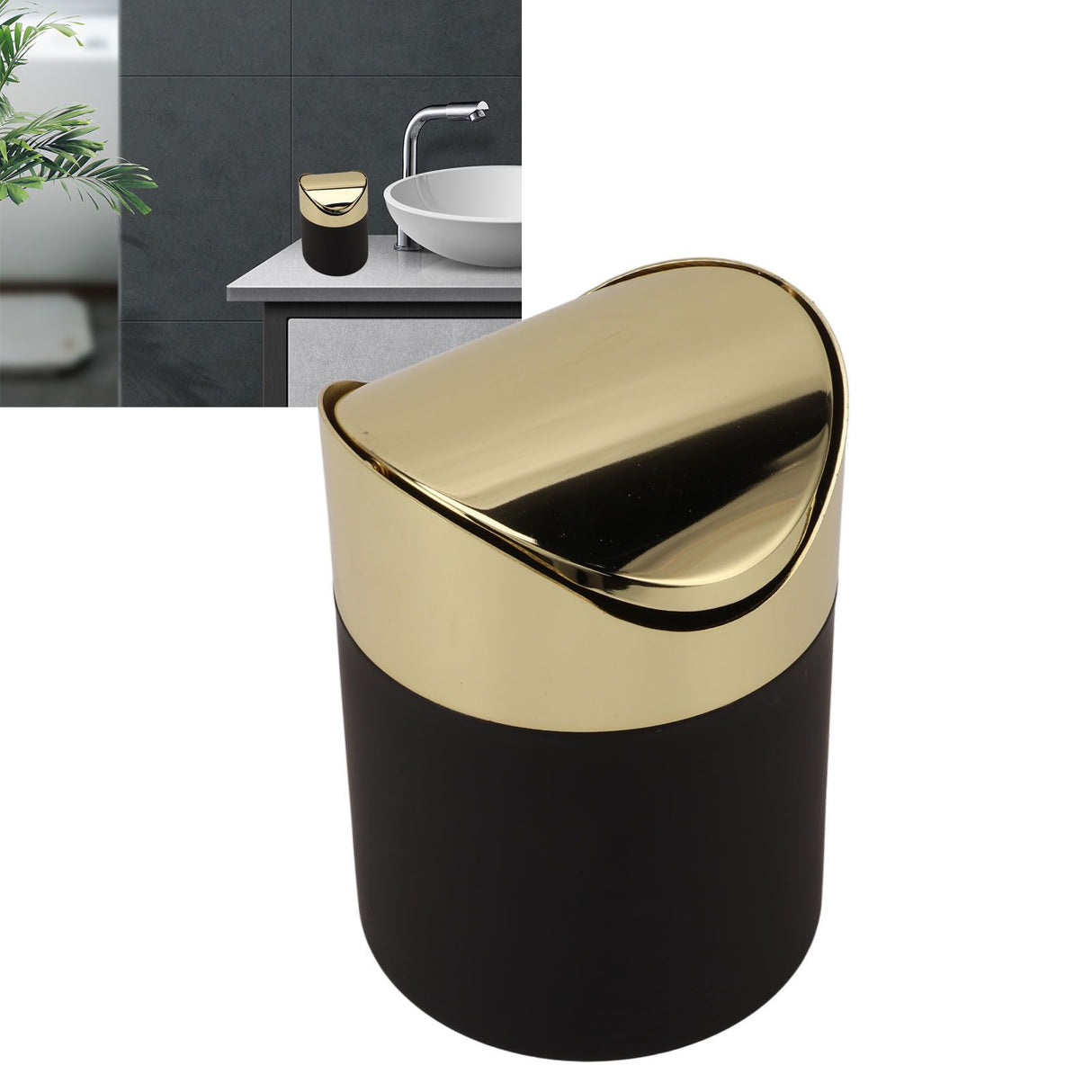 Desktop Trash Can Stainless Steel Household Mini Trash Basket Clamshell Paper Basket with Gold Lid
