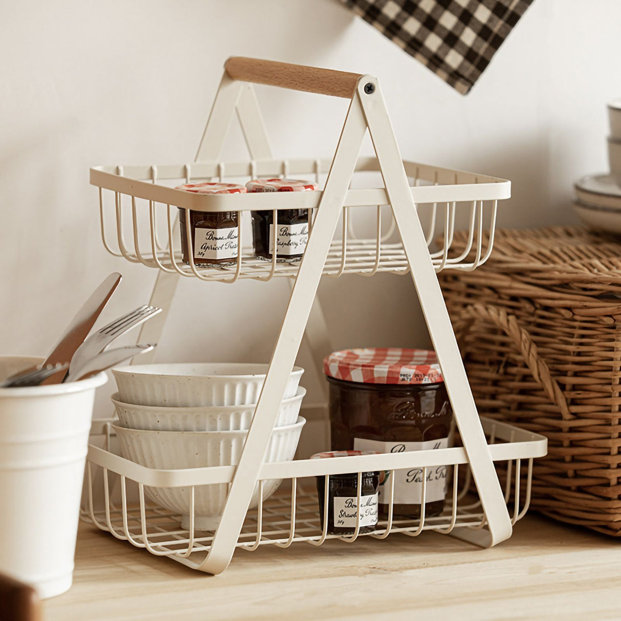 Storage Basket Iron Wood 2 Layers Detachable Fruit Vegetable Shelf Rack for Living Room Kitchen Desktop White