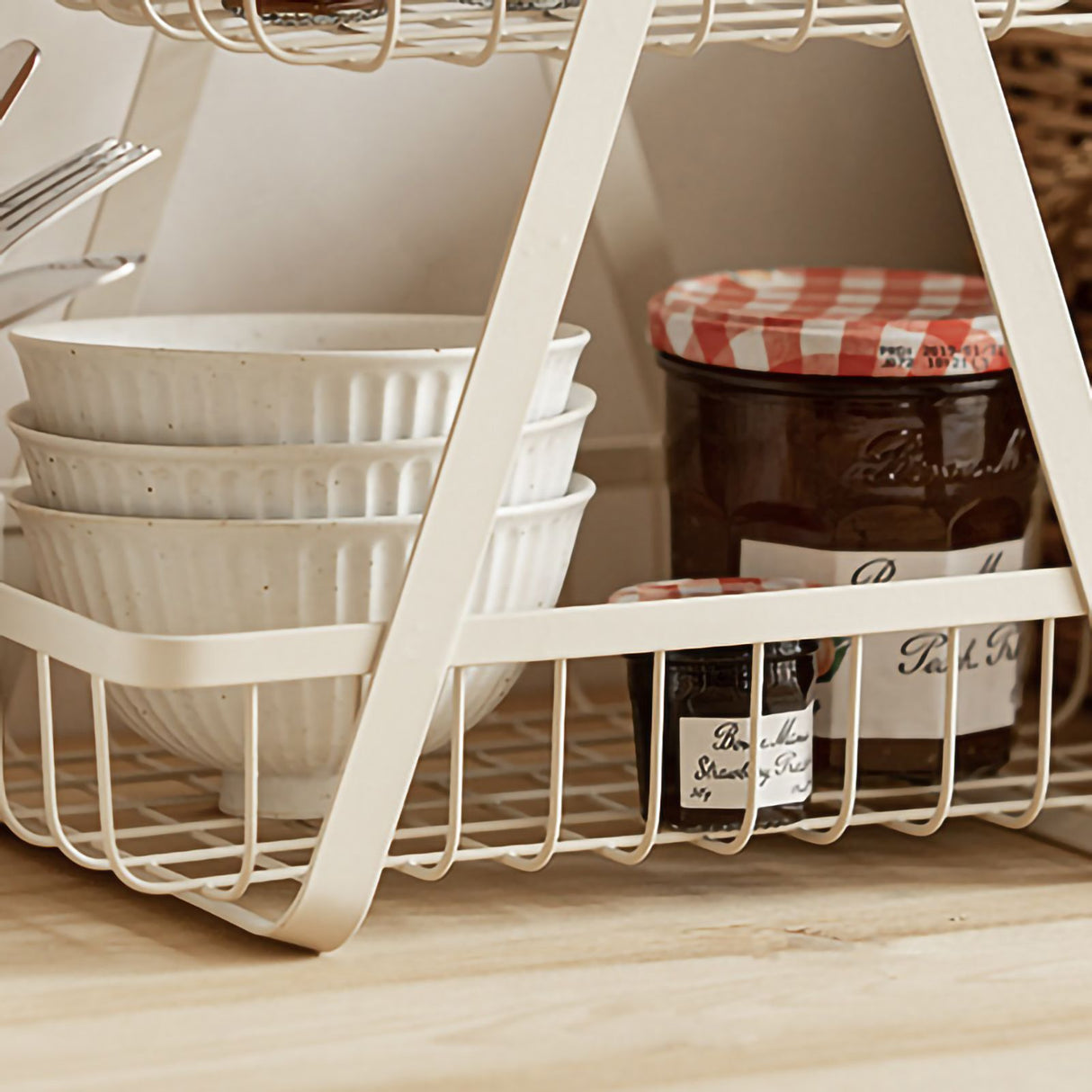 Storage Basket Iron Wood 2 Layers Detachable Fruit Vegetable Shelf Rack for Living Room Kitchen Desktop White