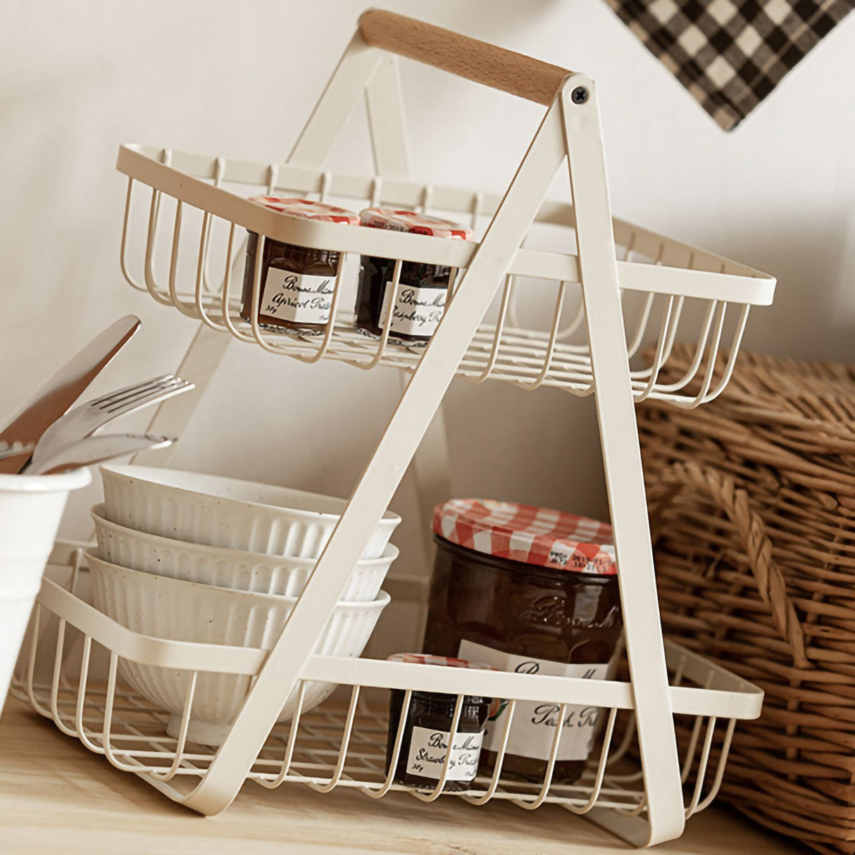 Storage Basket Iron Wood 2 Layers Detachable Fruit Vegetable Shelf Rack for Living Room Kitchen Desktop White