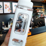 Straw Water Bottle with Marker 700ml Large Capacity Double Layer Water Jug for Home Gym School White - Front View