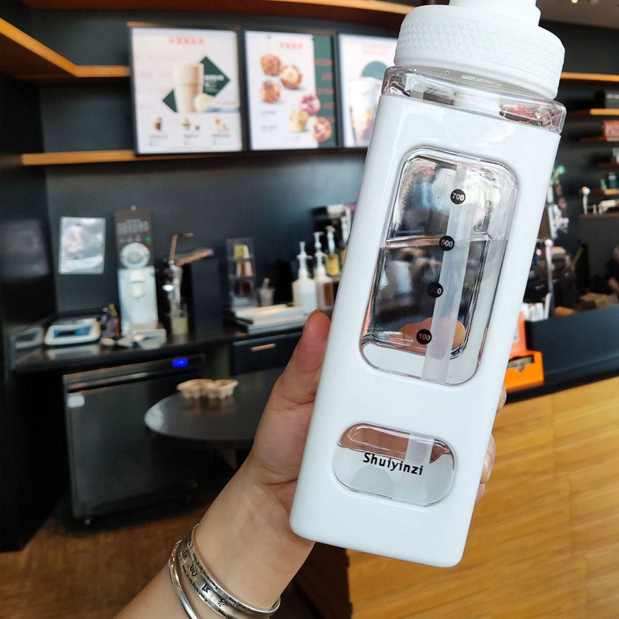 Straw Water Bottle with Marker 700ml Large Capacity Double Layer Water Jug for Home Gym School White