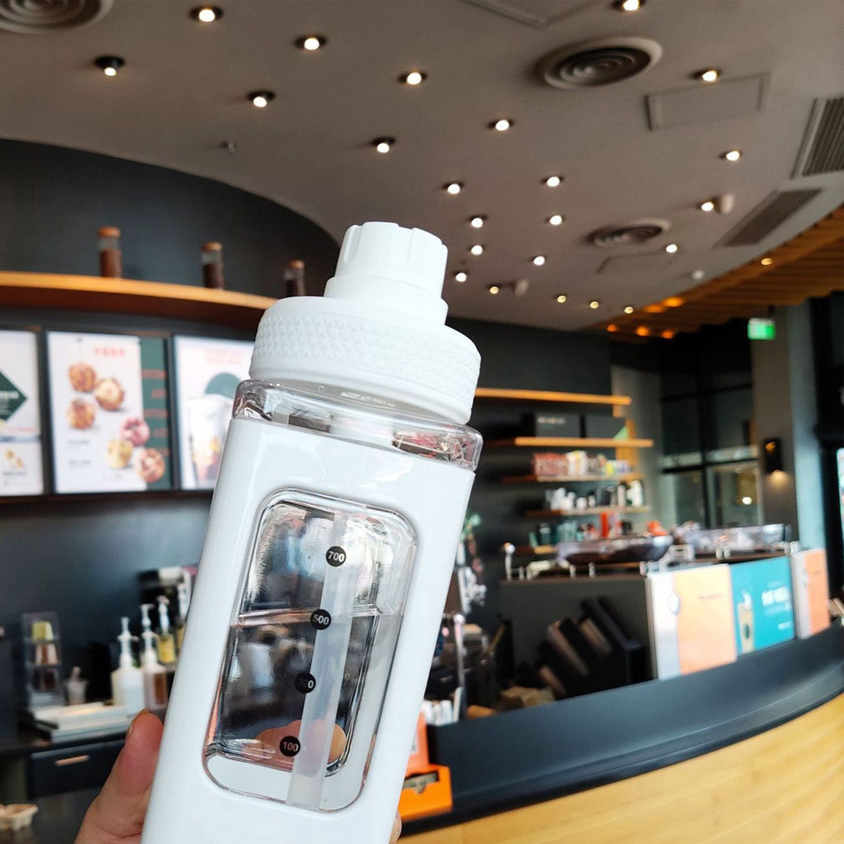 Straw Water Bottle with Marker 700ml Large Capacity Double Layer Water Jug for Home Gym School White