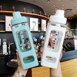 Straw Water Bottle with Marker 700ml Large Capacity Double Layer Water Jug for Home Gym School Green - Side View