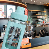 Straw Water Bottle with Marker 700ml Large Capacity Double Layer Water Jug for Home Gym School Green