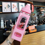 Straw Water Bottle with Marker 700ml Large Capacity Double Layer Water Jug for Home Gym School Pink