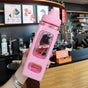 Straw Water Bottle with Marker 700ml Large Capacity Double Layer Water Jug for Home Gym School Pink