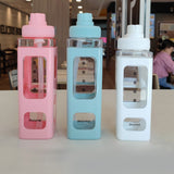 Straw Water Bottle with Marker 700ml Large Capacity Double Layer Water Jug for Home Gym School Pink - Front View