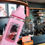 Straw Water Bottle with Marker 700ml Large Capacity Double Layer Water Jug for Home Gym School Pink