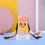 Portable Water Cup Cute Cartoon Design Large Capacity Plastic Water Bottle with Carry Cord Straw for Students Style 1 301ml‑400ml