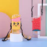 Portable Water Cup Cute Cartoon Design Large Capacity Plastic Water Bottle with Carry Cord Straw for Students Style 1 301ml‑400ml