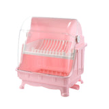 Cutlery Dish Drainer Rack with Lid Cover Multifunctional Kitchen Tableware Storage Box Pink
