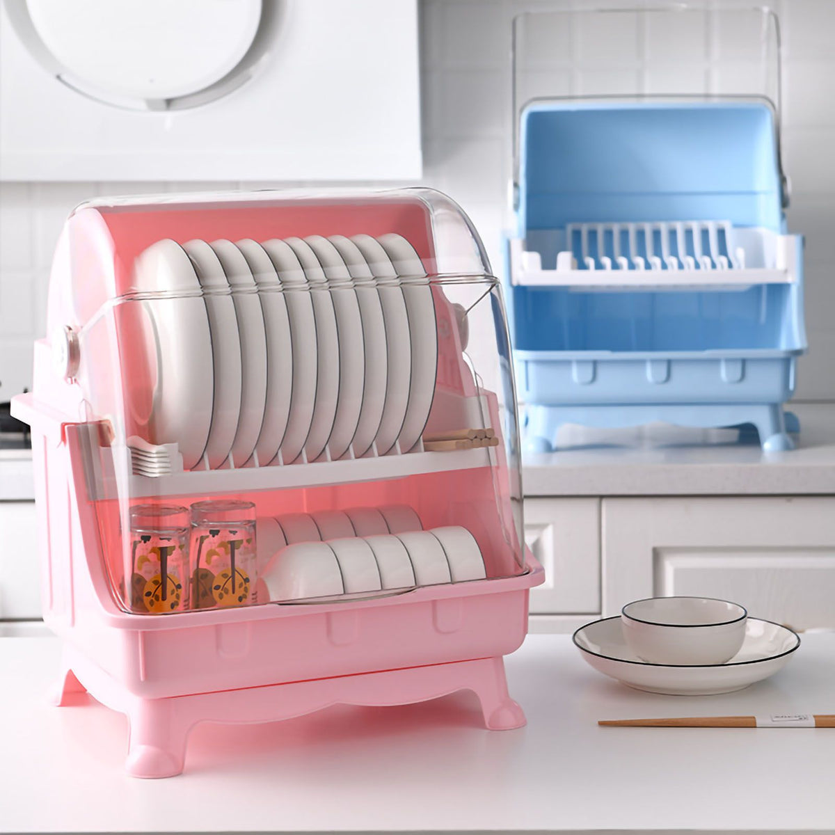 Cutlery Dish Drainer Rack with Lid Cover Multifunctional Kitchen Tableware Storage Box Pink