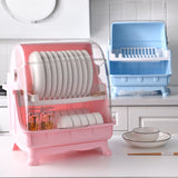 Cutlery Dish Drainer Rack with Lid Cover Multifunctional Kitchen Tableware Storage Box Pink - Side View