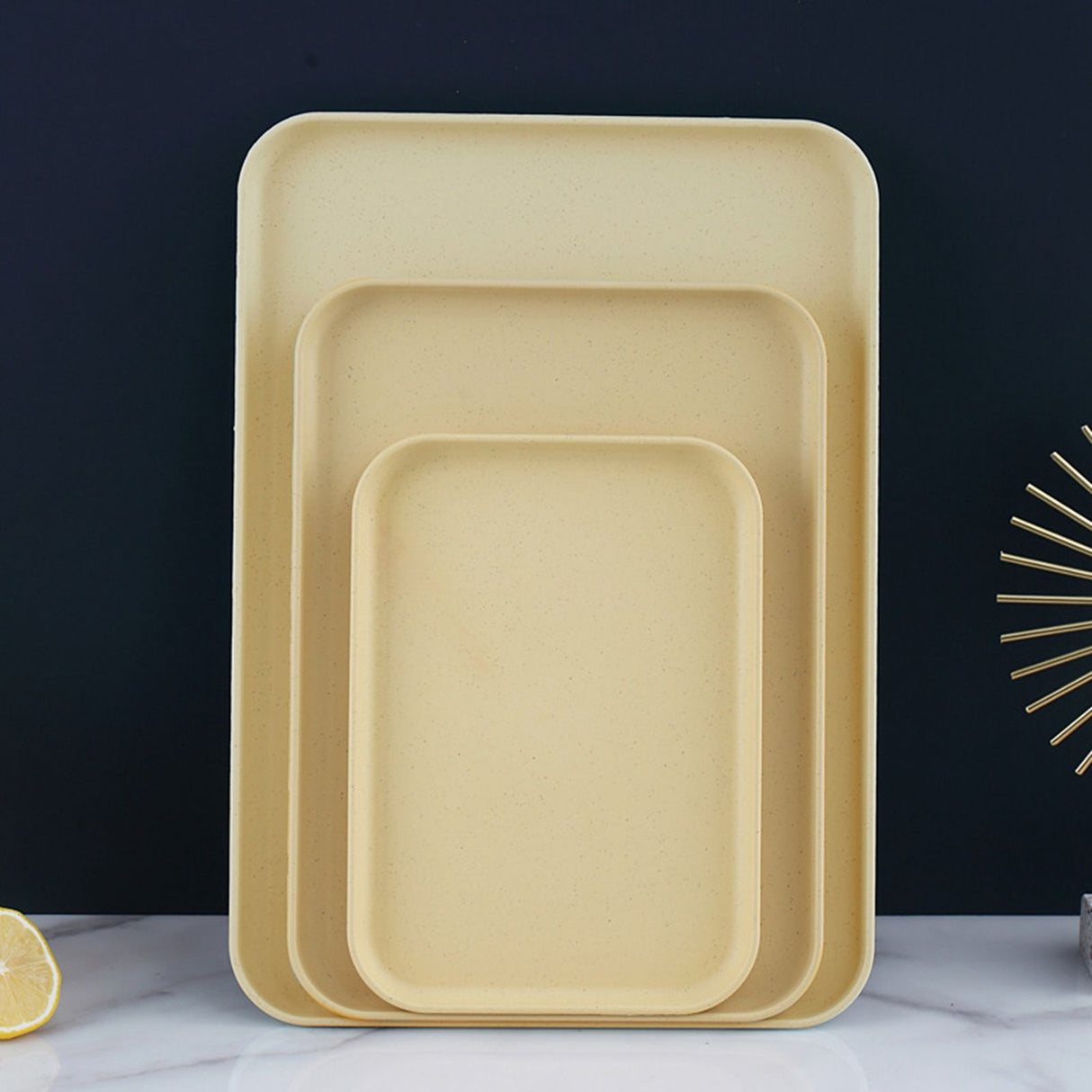 Kitchen Serving Tray Wheat Straw Rectangular Nordic Style Cupcake Fruit Snack Tea Tray for Home Office Restaurant Yellow L (Approx. 38x27cm / 15.0x10.6in)
