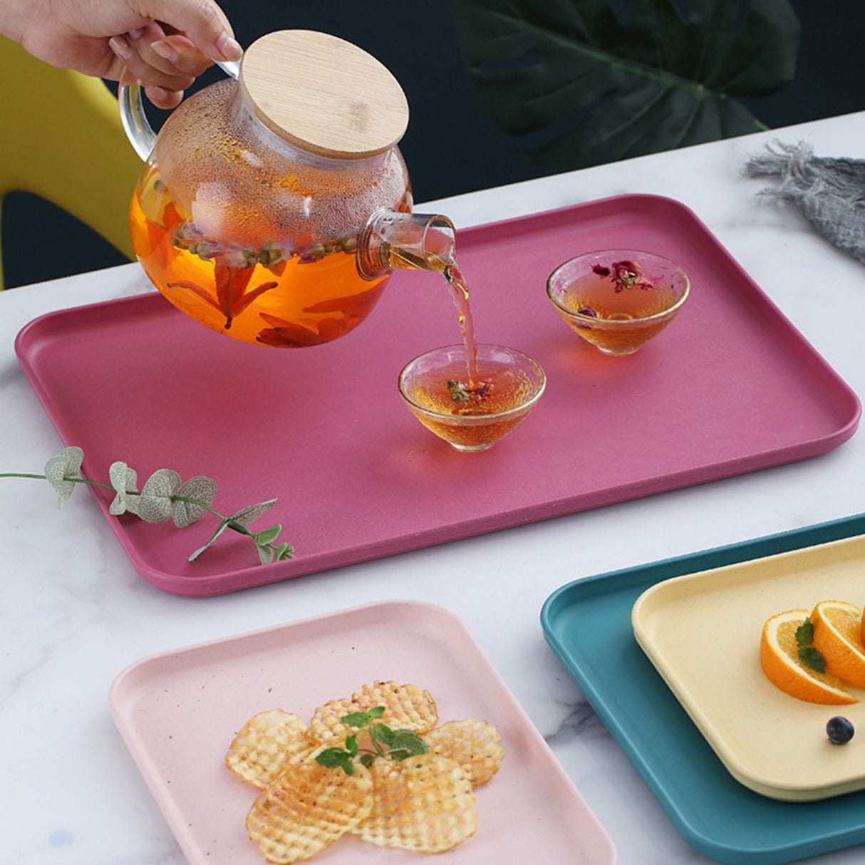 Kitchen Serving Tray Wheat Straw Rectangular Nordic Style Cupcake Fruit Snack Tea Tray for Home Office Restaurant Pink M (Size: Approx. 31x22.5cm / 12.2x8.9in)
