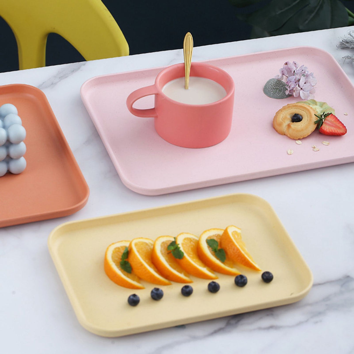 Kitchen Serving Tray Wheat Straw Rectangular Nordic Style Cupcake Fruit Snack Tea Tray for Home Office Restaurant Pink M (Size: Approx. 31x22.5cm / 12.2x8.9in)