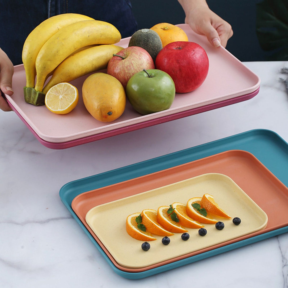 Kitchen Serving Tray Wheat Straw Rectangular Nordic Style Cupcake Fruit Snack Tea Tray for Home Office Restaurant Light Green L (Approx. 38x27cm / 15.0x10.6in)