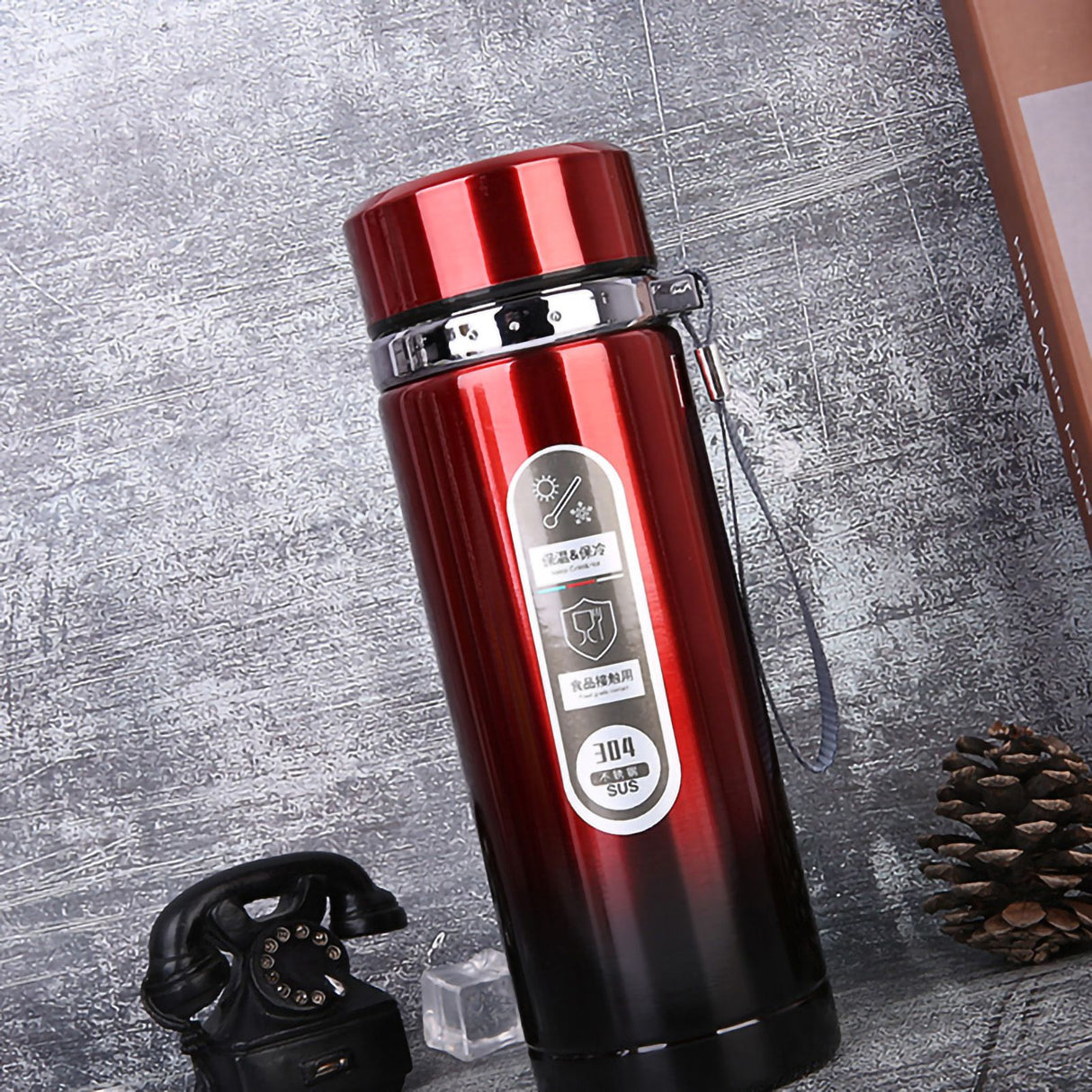 Vacuum Cup Stainless Steel Portable Large Mouth Insulated Bottle with Hand String for Business Travel Office Daily Red 1000ml