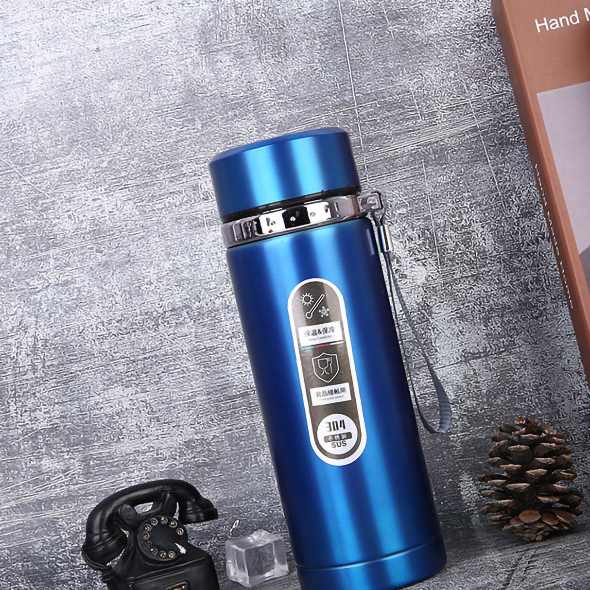 Vacuum Cup Stainless Steel Portable Large Mouth Insulated Bottle with Hand String for Business Travel Office Daily Blue 1000ml