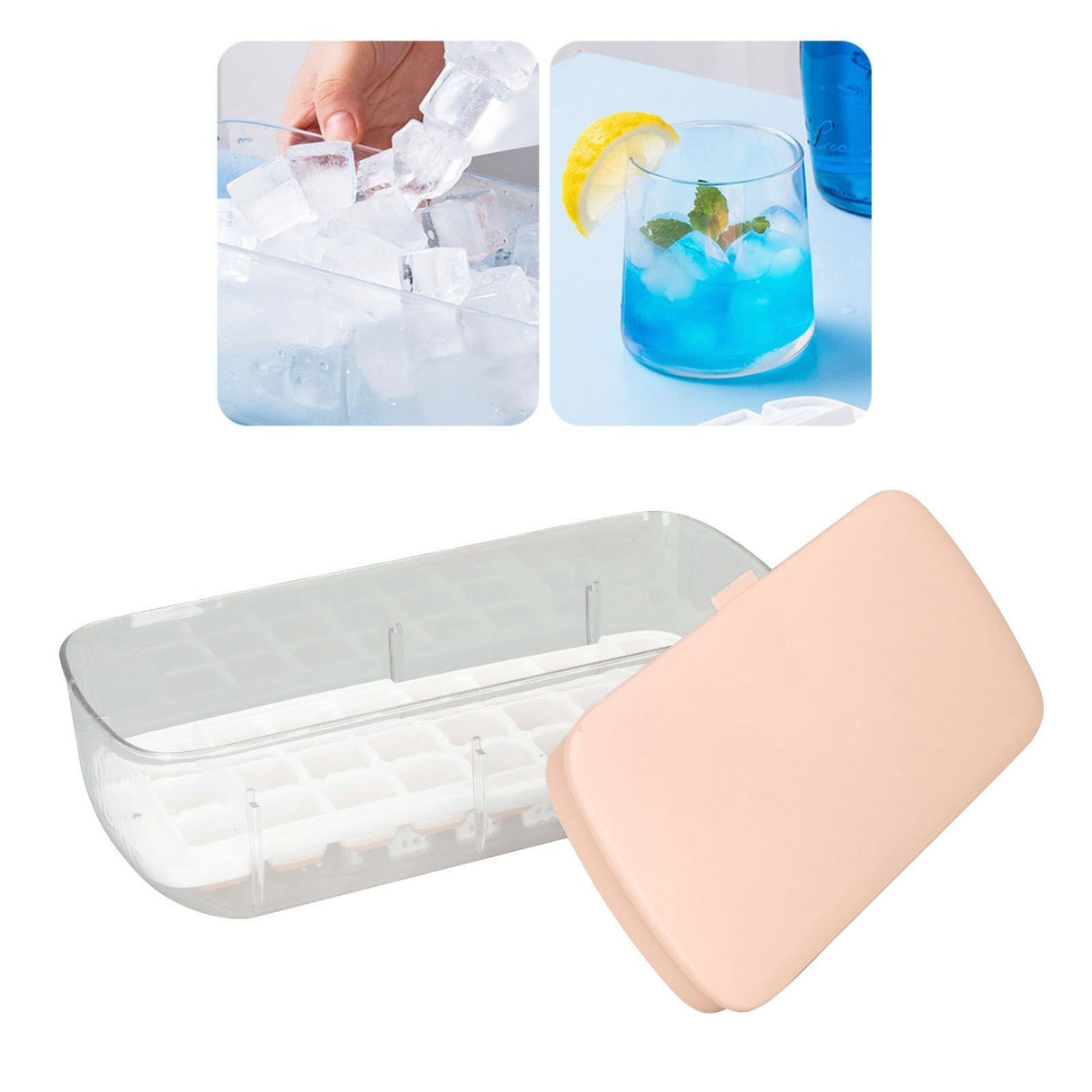 Silicone Ice Cube Mold BPA Free Square Ice Tray Storage Box with Lid for Household Pink