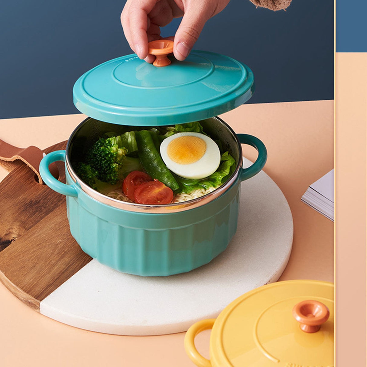 Noodles Bowl with Lid Binaural Noodles Bowl Home Dorm Student Covered Bowl Large Peacock Blue