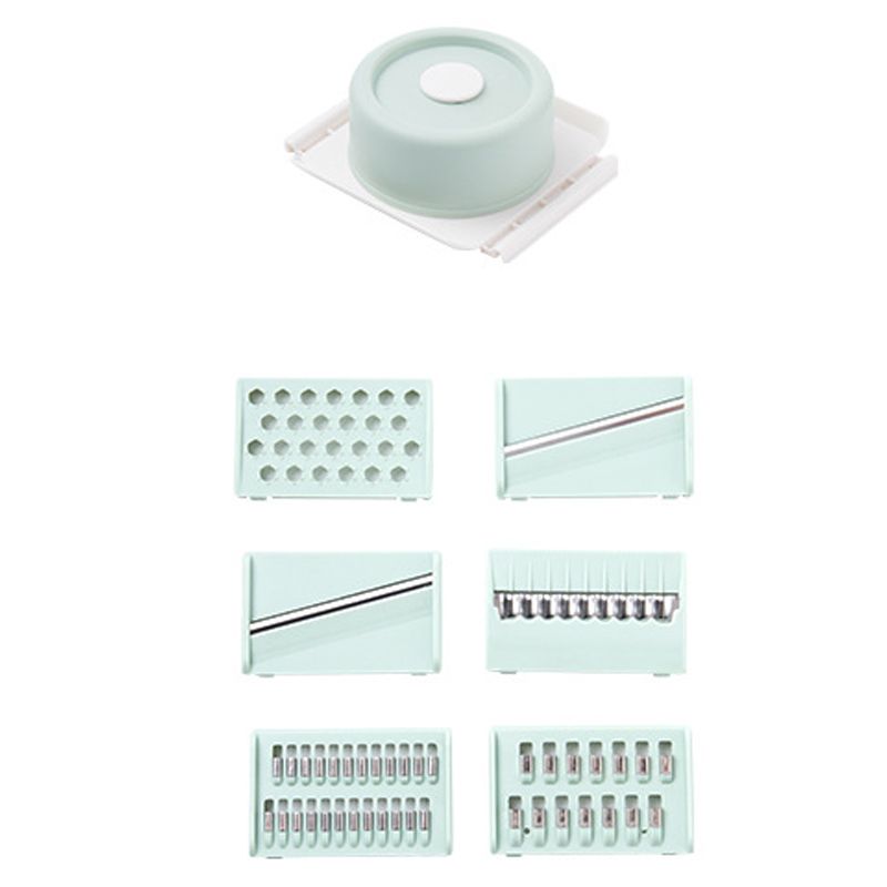 Multifunctional Vegetable Cutter Stainless Steel Household Manual Vegetable Chopper for Kitchen Round Mint Green, (Send 6 Blades, Hand Protector, Storage Box)