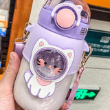 Soft Straw Drinking Cup Portable Plastic Sippy Cup Cartoon Pattern Water Bottle with Strap Purple